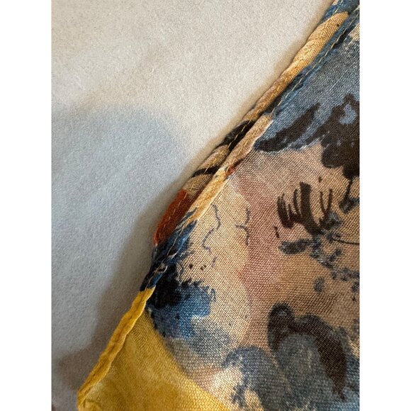 Vintage Floral Print Scarf With Yellow Border Lightweight Sheer Fabric - Picture 6 of 10